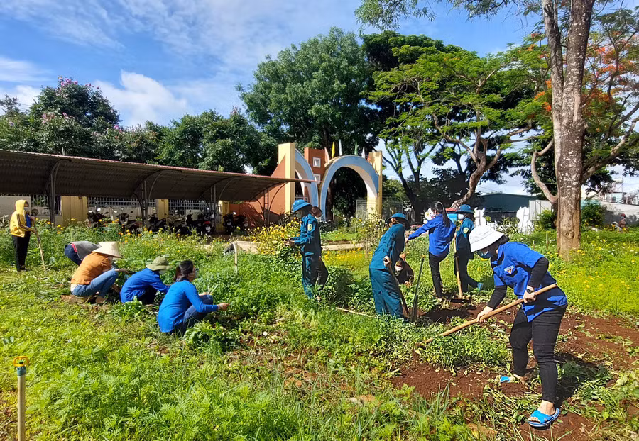 Đoàn viên, thanh niên xã Biển Hồ thường xuyên ra quân dọn vệ sinh khu vực công cộng; trồng, chăm sóc cây xanh để bảo vệ môi trường. Ảnh: Nhật Hào