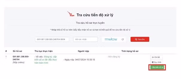 Sau khi nộp hồ sơ thành công, công dân thực hiện bấm nút [Cấp biển số xe].