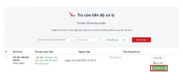 Sau khi nộp hồ sơ thành công, công dân thực hiện bấm nút [Cấp biển số xe].