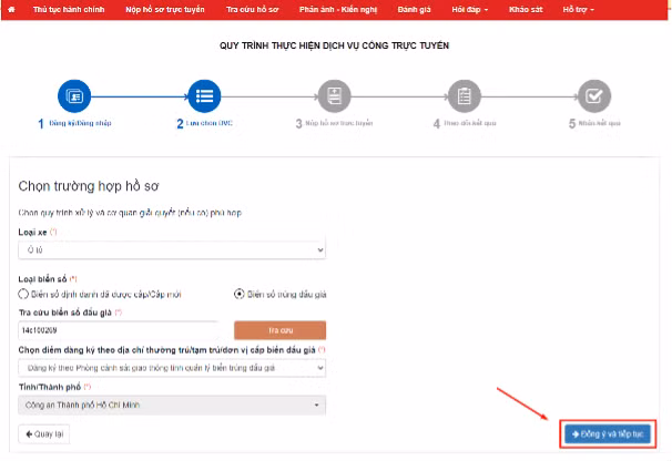 Sau khi chọn được trường hợp hồ sơ mong muốn, công dân bấm [Đồng ý và tiếp tục] để tiến hành kê khai thông tin hồ sơ.