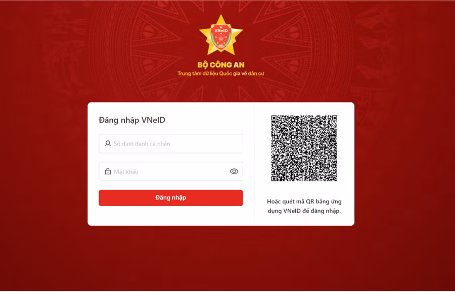 Công dân sử dụng số định danh cá nhân hoặc quét mã QR bằng ứng dụng VNeID để đăng nhập.