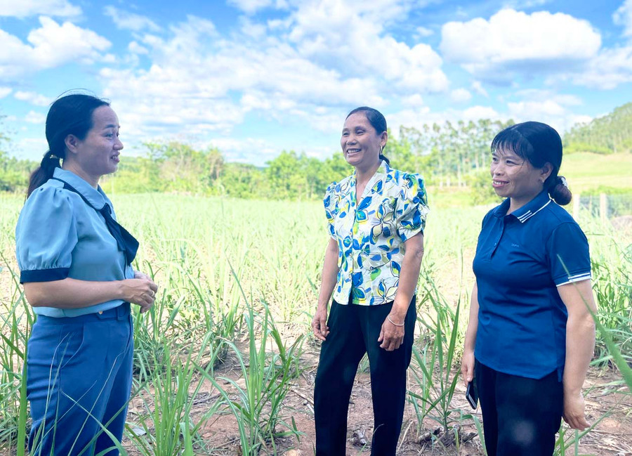 Bà Hoàng Thị Huyền (bìa phải)-Phó Bí thư Chi bộ, Trưởng thôn 1 (xã Lơ Ku) luôn nỗ lực làm tốt nhiệm vụ được giao để trở thành chỗ dựa tin cậy ở cơ sở. Ảnh: M.P