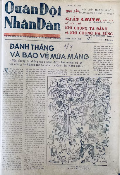 Bài báo “Đánh thắng và bảo vệ mùa màng” của Đại tướng Nguyễn Chí Thanh đăng trên trang nhất Báo Quân đội nhân dân số đầu tiên ngày 20/10/1950