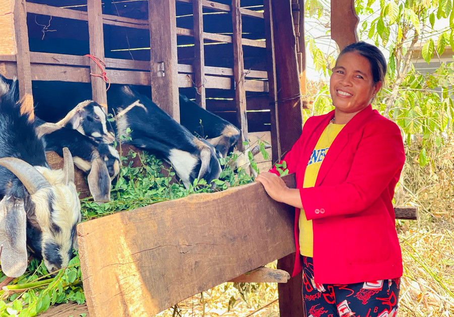 Chị Rơ Lan Dên (làng Bò, thị trấn Chư Prông) phấn khởi khi được hỗ trợ cặp dê sinh sản để phát triển kinh tế. Ảnh: Mai Ka Chị Rơ Lan Dên (làng Bò, thị trấn Chư Prông) phấn khởi khi được hỗ trợ cặp dê sinh sản để phát triển kinh tế. Ảnh: Mai Ka