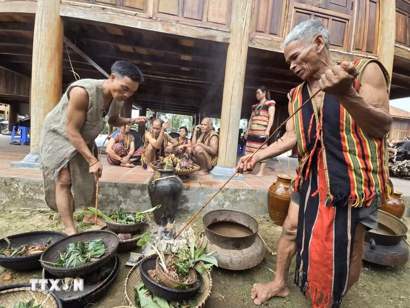 Thầy cúng và già làng người Brâu làm lễ cúng Trỉa lúa. (Ảnh: Khoa Chương/TTXVN)