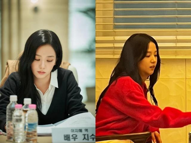 Jisoo trong buổi đọc kịch bản Omniscient Reader (trái) và trên trường quay phim Influenza Jisoo trong buổi đọc kịch bản Omniscient Reader (trái) và trên trường quay phim Influenza