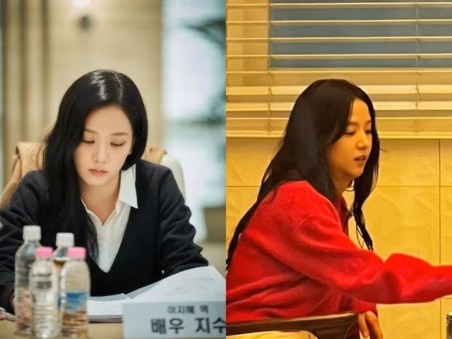 Jisoo trong buổi đọc kịch bản Omniscient Reader (trái) và trên trường quay phim Influenza
