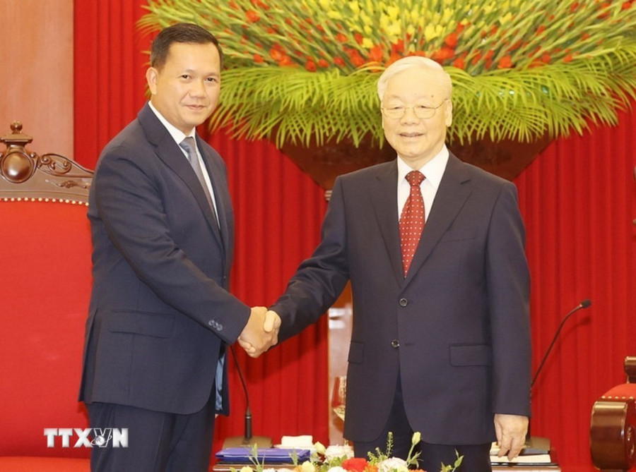 Tổng Bí thư Nguyễn Phú Trọng tiếp Thủ tướng Vương quốc Campuchia Samdech Hun Manet. (Ảnh: Trí Dũng/TTXVN) Tổng Bí thư Nguyễn Phú Trọng tiếp Thủ tướng Vương quốc Campuchia Samdech Hun Manet. (Ảnh: Trí Dũng/TTXVN)