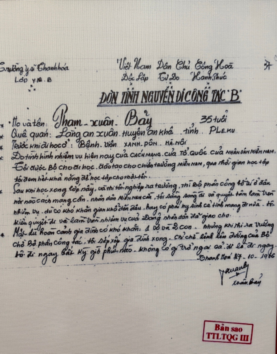Đơn tình nguyện đi B của ông Phạm Xuân Bảy. Ảnh: P.D Đơn tình nguyện đi B của ông Phạm Xuân Bảy. Ảnh: P.D