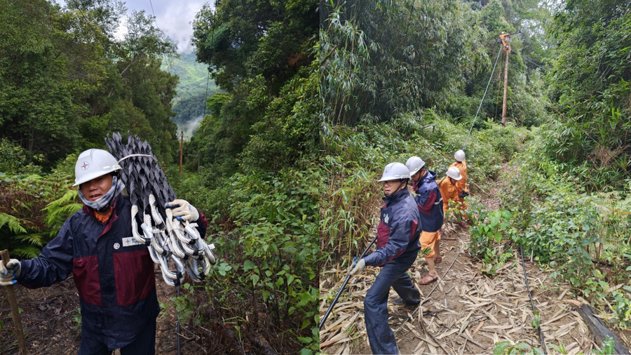 Không quản nắng mưa, các anh thợ đường dây (Điện lực Kbang) vẫn miệt mài băng rừng thay đường dây điện trung áp cho bà con xã Kon Pne. Không quản nắng mưa, các công nhân thợ đường dây (Điện lực Kbang) vẫn miệt mài băng rừng thay đường dây điện cho bà con xã Kon Pne. Ảnh: ĐVCC