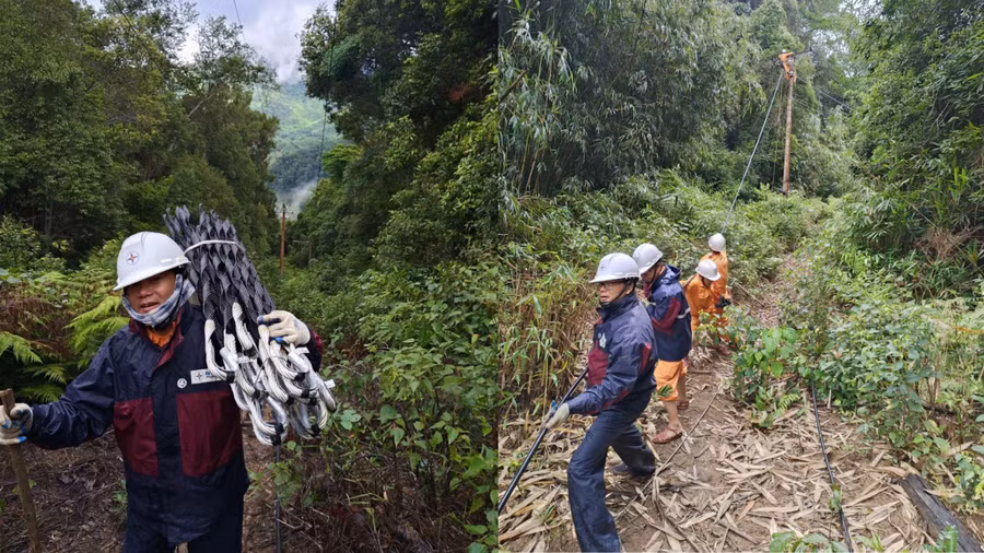 Không quản nắng mưa, các công nhân thợ đường dây (Điện lực Kbang) vẫn miệt mài băng rừng thay đường dây điện cho bà con xã Kon Pne. Ảnh: ĐVCC