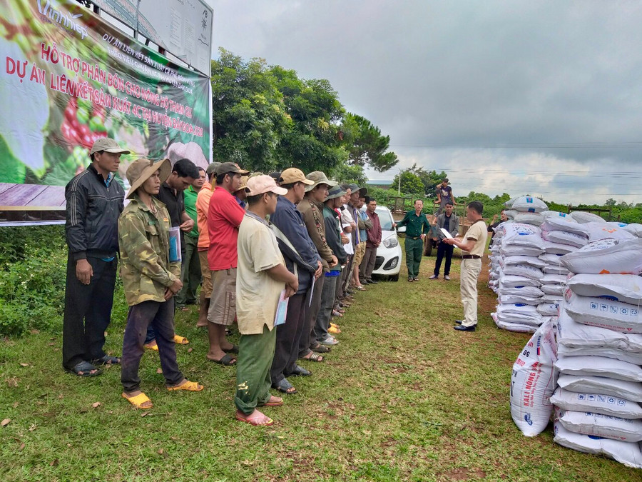 Công ty TNHH Vĩnh Hiệp hỗ trợ bón các loại cho các hộ nông dân trên địa bàn huyện Đak Đoa, trong đó có xã Glar tham gia dự án liên kết sản xuất cà phê bền vững. Ảnh: Hà Duy Công ty TNHH Vĩnh Hiệp hỗ trợ bón các loại cho các hộ nông dân trên địa bàn huyện Đak Đoa, trong đó có xã Glar tham gia dự án liên kết sản xuất cà phê bền vững. Ảnh: Hà Duy