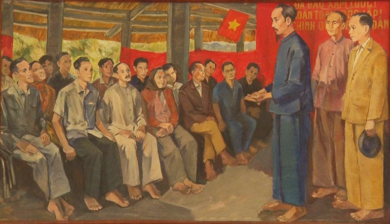 Tranh vẽ Chủ tịch Hồ Chí Minh nói chuyện với đại biểu Quốc dân Đại hội tại đình Tân Trào, Tuyên Quang (ảnh nguồn nhandan.vn).