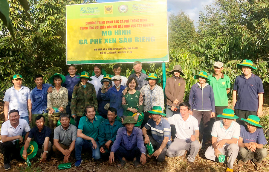 Các chuyên gia, nhà khoa học và nông dân tham quan mô hình cà phê xen sầu riêng tại xã Ia Nhin. Ảnh: L.N Các chuyên gia, nhà khoa học và nông dân tham quan mô hình cà phê xen sầu riêng tại xã Ia Nhin. Ảnh: L.N