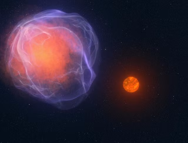Ảnh đồ họa mô tả một sao lùn nâu (bên trái) bên cạnh một siêu tân tinh. Trong đó sao lùn nâu có thể là vật thể lạ vừa được tìm thấy - Ảnh đồ họa: Adam Makarenko / Đài quan sát WM Keck