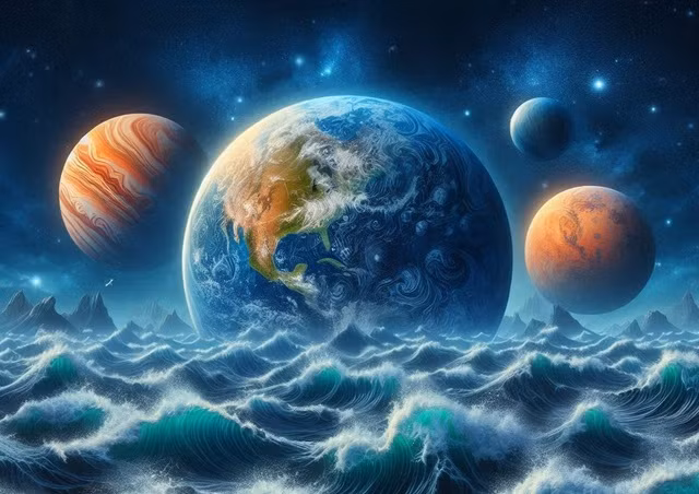 Hệ Mặt Trời có thể từng sinh ra 3 hành tinh có nhiều nước lỏng và phù hợp để sống - Minh họa AI: Anh Thư