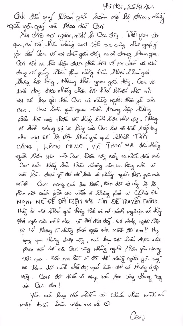 Bức thư tay được cô nhắn nhủ đến người hâm mộ