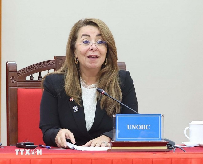 Giám đốc điều hành Cơ quan Phòng chống ma túy và tội phạm của Liên hợp quốc (UNODC) Ghada Waly phát biểu tại cuộc gặp Tổng Bí thư Tô Lâm. Ảnh: Thống Nhất/TTXVN Giám đốc điều hành Cơ quan Phòng chống ma túy và tội phạm của Liên hợp quốc (UNODC) Ghada Waly phát biểu tại cuộc gặp Tổng Bí thư Tô Lâm. Ảnh: Thống Nhất/TTXVN