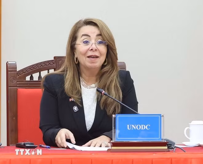 Giám đốc điều hành Cơ quan Phòng chống ma túy và tội phạm của Liên hợp quốc (UNODC) Ghada Waly phát biểu tại cuộc gặp Tổng Bí thư Tô Lâm. Ảnh: Thống Nhất/TTXVN