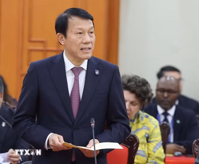 Đại tướng Lương Tam Quang, Ủy viên Bộ Chính trị, Bộ trưởng Bộ Công an phát biểu. Ảnh: Thống Nhất/TTXVN
