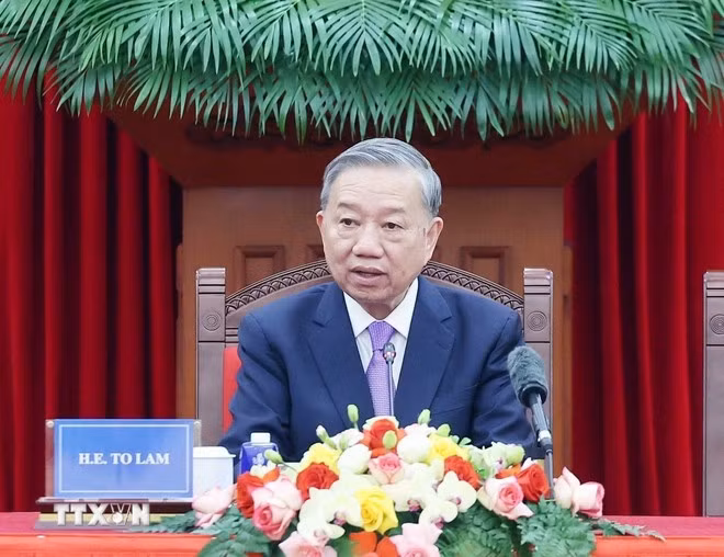 Tổng Bí thư Tô Lâm phát biểu tại buổi tiếp Trưởng đoàn các nước tham dự Lễ mở ký Công ước Hà Nội. Ảnh: Thống Nhất/TTXVN