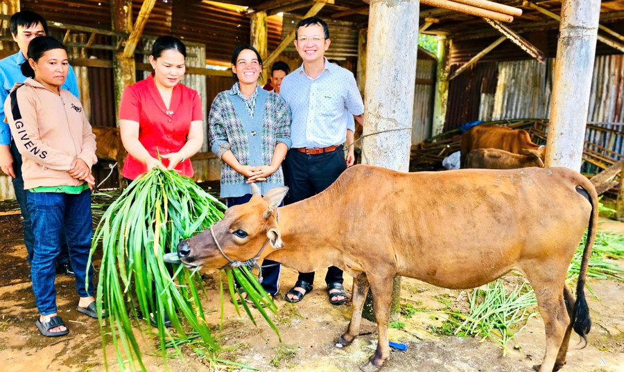 Bà Trần Thị Thanh Tuyền (thứ 3 từ phải sang) trao sinh kế cho hộ nghèo. Ảnh: Bá Bính nu-can-bo.jpg
