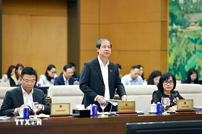 Bộ trưởng Bộ Giáo dục và Đào tạo Nguyễn Kim Sơn phát biểu. Ảnh: Doãn Tấn/TTXVN