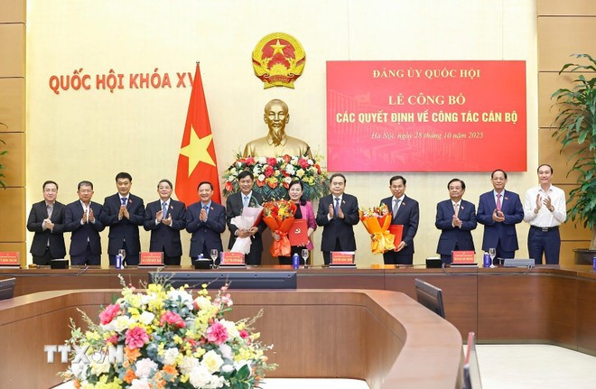 Chủ tịch Quốc hội Trần Thanh Mẫn và lãnh đạo Quốc hội trao các Quyết định và tặng hoa chúc mừng. Ảnh: Doãn Tấn/TTXVN Chủ tịch Quốc hội Trần Thanh Mẫn và lãnh đạo Quốc hội trao các Quyết định và tặng hoa chúc mừng. Ảnh: Doãn Tấn/TTXVN