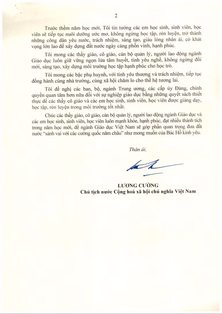 Thư của Chủ tịch nước Lương Cường gửi ngành Giáo dục nhân dịp khai giảng năm học 2025-2026.