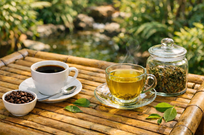 Uống trà và cà phê là thói quen tốt, giúp bạn phòng ngừa hoặc kiểm soát bệnh gan nhiễm mỡ. Ảnh minh họa AI: Thu Anh