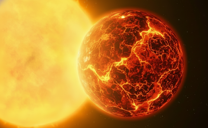 Siêu Trái Đất TOI-561 b là một quả cầu dung nham ướt có bầu khí quyển dày. Minh họa AI: Thu Anh