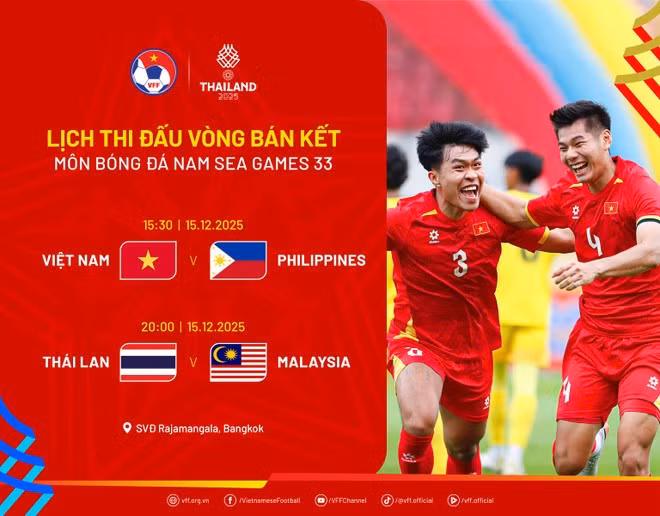 Lịch thi đấu vòng bán kết môn Bóng đá Nam SEA Games 33. Ảnh: VFF