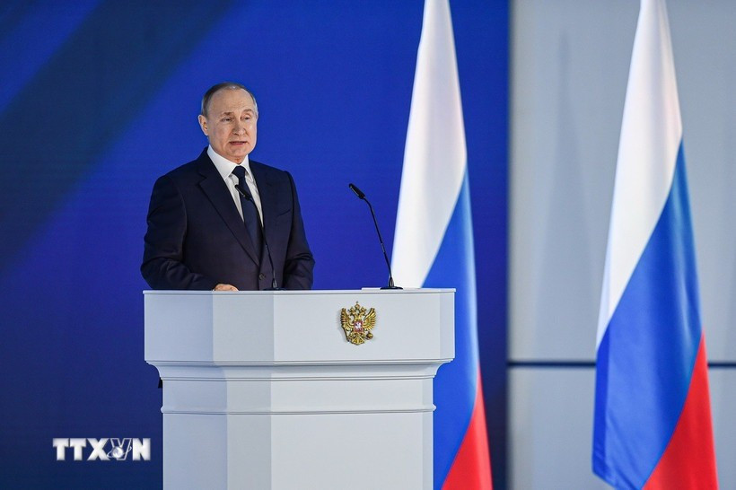 Tổng thống Nga Vladimir Putin phát biểu tại thủ đô Moskva. (Ảnh: THX/TTXVN) tong-thong-putin.jpg