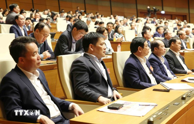 Đại biểu tham dự hội nghị tại điểm cầu chính Hội trường Diên Hồng, Nhà Quốc hội, chiều 7/2. Ảnh: Phương Hoa/TTXVN