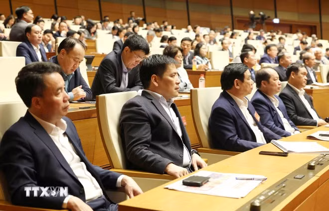 Đại biểu tham dự hội nghị tại điểm cầu chính Hội trường Diên Hồng, Nhà Quốc hội, chiều 7/2. Ảnh: Phương Hoa/TTXVN