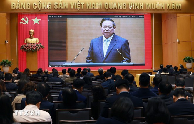 Các đại biểu dự Hội nghị toàn quốc nghiên cứu, học tập, quán triệt và triển khai thực hiện Nghị quyết Đại hội XIV của Đảng tại điểm cầu Chính phủ. (Ảnh: Dương Giang/TTXVN)