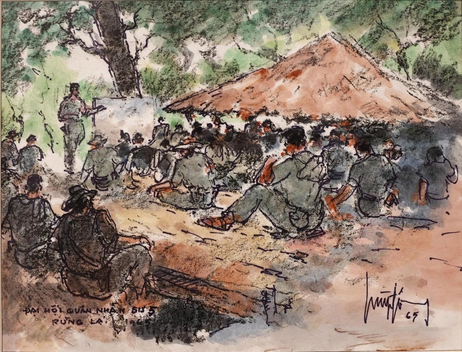 Tác phẩm Đại hội quân nhân Sư đoàn 5 của họa sĩ Huỳnh Phương Đông sáng tác năm 1965. so-phan-con-nguoi.jpg