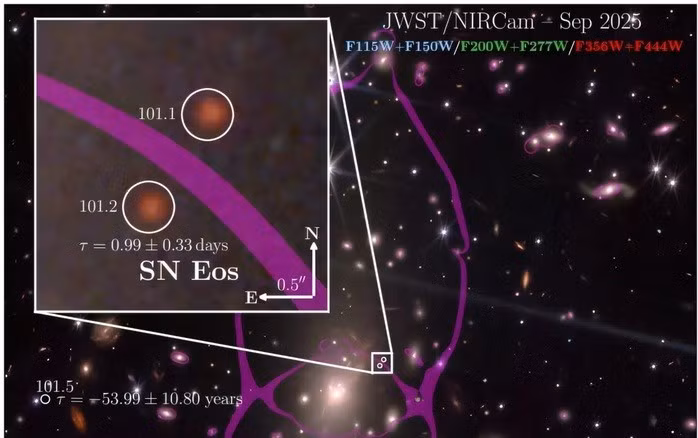 Siêu tân tinh Eos (SN Eos) từ vũ trụ sơ khai được thấu kính hấp dẫn nhân bản và phóng to trong dữ liệu từ kính viễn vọng. Ảnh: NASA/ESA/CSA