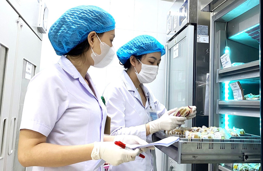 Khoa Huyết học - Truyền máu (BVĐK trung tâm tỉnh Gia Lai) kiểm tra lượng máu hằng ngày để điều phối cho các cơ sở y tế. Ảnh: M.H 11.jpg