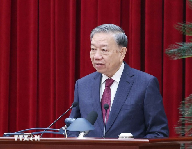 Tổng Bí thư Tô Lâm phát biểu bế mạc Hội nghị lần thứ 14 Ban Chấp hành Trung ương Đảng khóa XIII. Ảnh: Thống Nhất/TTXVN