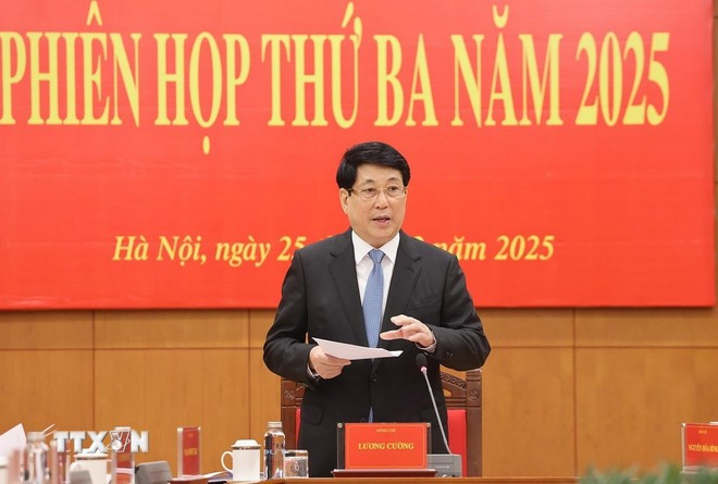 Chủ tịch nước Lương Cường, Trưởng Ban Chỉ đạo cải cách Tư pháp Trung ương phát biểu chỉ đạo. Ảnh: Lâm Khánh/TTXVN