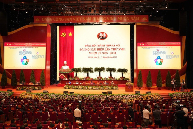 Đại hội đại biểu Đảng bộ thành phố Hà Nội lần thứ XVIII, nhiệm kỳ 2025-2030. Ảnh: PV/Vietnam+ dang-bo-ha-noi.jpg