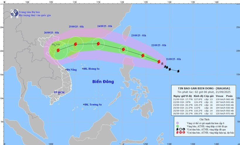 Vị trí tâm bão Ragasa và đường đi dự báo của bão. (Nguồn: Trung tâm Dự báo Khí tượng Thủy văn Quốc gia) bao-ragasa.jpg
