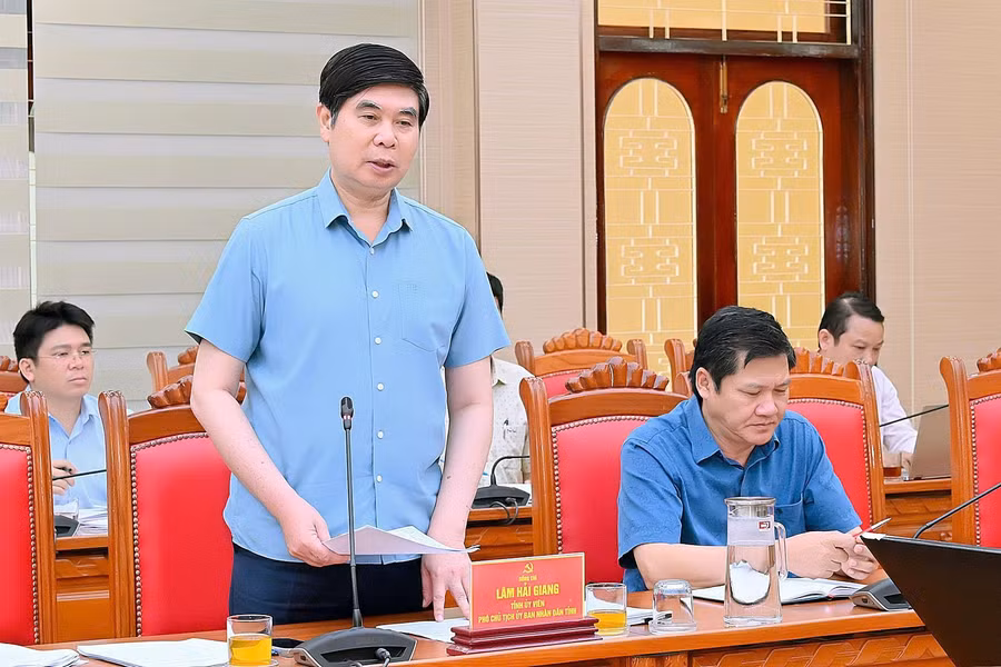 Phó Chủ tịch UBND tỉnh Lâm Hải Giang báo cáo kết quả thực hiện chuyển đổi số trên các lĩnh vực của tỉnh trong thời gian qua. Ảnh: Đức Thụy