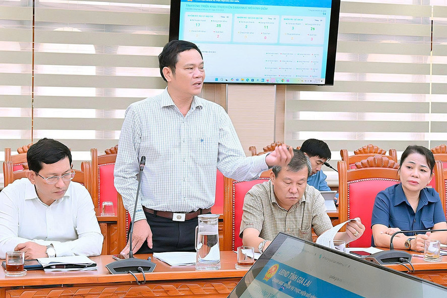 Giám đốc Sở Tài chính Trần Cang báo cáo việc phân bổ kinh phí đầu tư trang-thiết bị, máy móc phục vụ chuyển đổi số trên địa bàn tỉnh. Ảnh: Đức Thụy a4.jpg