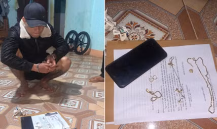 Đối tượng Rơ Châm Phăm bị bắt giữ cùng tang vật vụ án. Ảnh Công an huyện Chư Păh