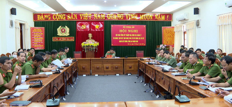 Quang cảnh hội thảo tại điểm cầu Công an tỉnh Gia Lai. Ảnh: Nông Hòa