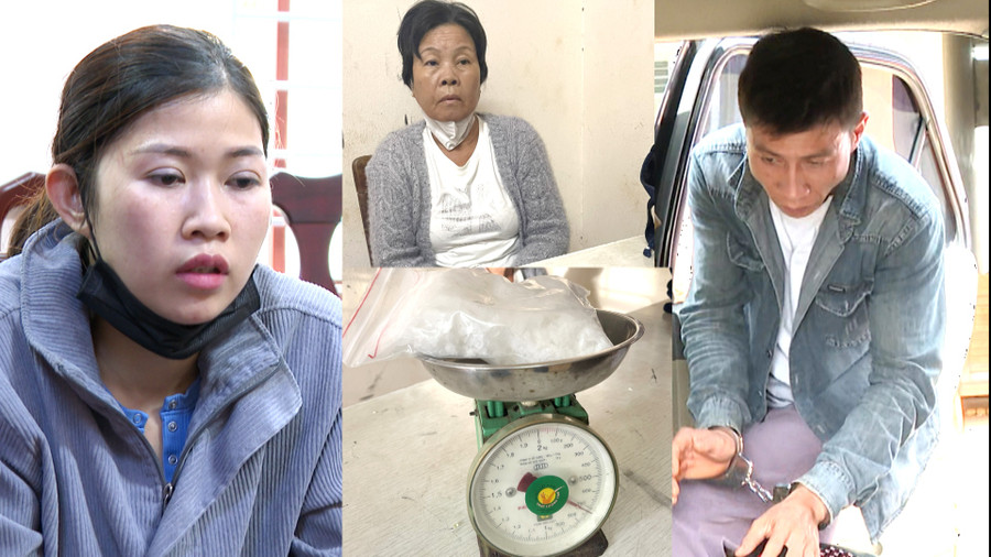 Đối tượng Nguyễn Thị Anh Trân (bìa trái), Nguyễn Thị Khanh (giữa) và Nguyễn Quốc Toàn cùng tang vật vụ án. Ảnh: Lê Ánh Đối tượng Nguyễn Thị Anh Trân (bìa trái), Nguyễn Thị Khanh (giữa) và Nguyễn Quốc Toàn cùng tang vật vụ án. Ảnh: Lê Ánh