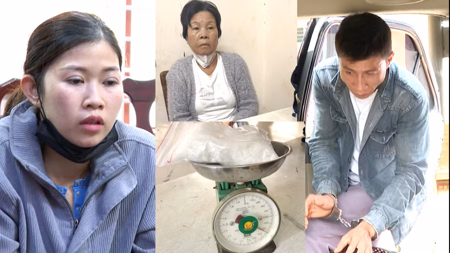 Đối tượng Nguyễn Thị Anh Trân (bìa trái), Nguyễn Thị Khanh (giữa) và Nguyễn Quốc Toàn cùng tang vật vụ án. Ảnh: Lê Ánh