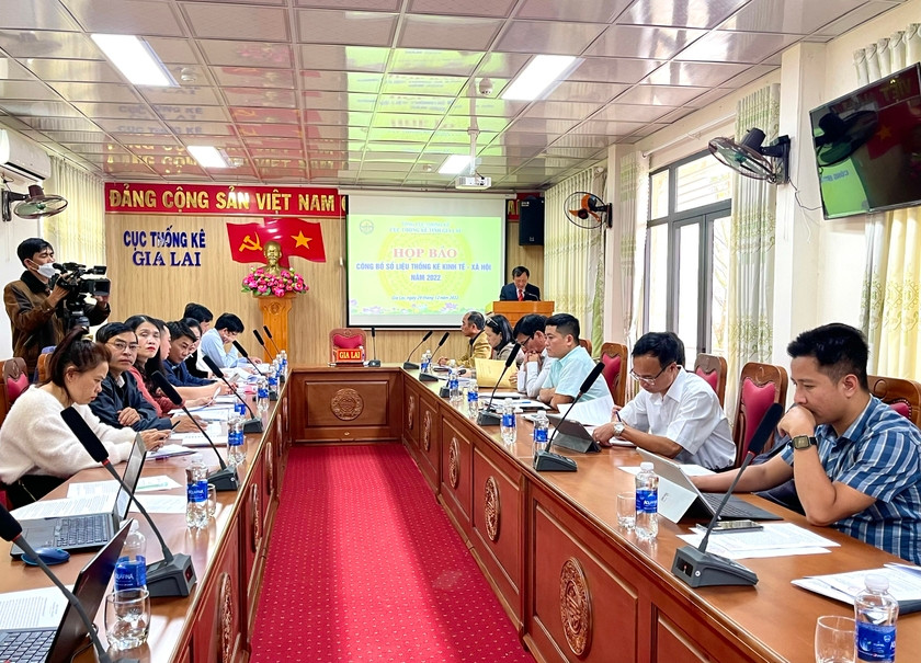 Quang cảnh buổi họp báo công bố số liệu thống kê kinh tế-xã hội của tỉnh Gia Lai năm 2022. Ảnh: Minh Nguyễn Quang cảnh buổi họp báo công bố số liệu thống kê kinh tế-xã hội của tỉnh Gia Lai năm 2022. Ảnh: Minh Nguyễn